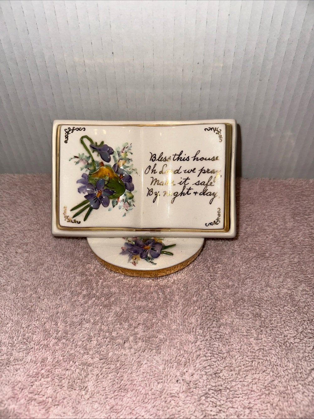 Vintage Porcelain Open Book Figurine with Purple Floral Design rare find 4.5x5.5